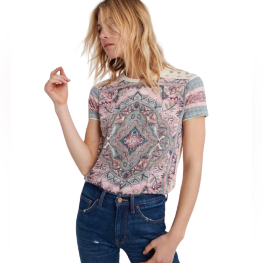 Lucky Brand Pink and Teal Persian Rug Short Sleeve Tee Size L